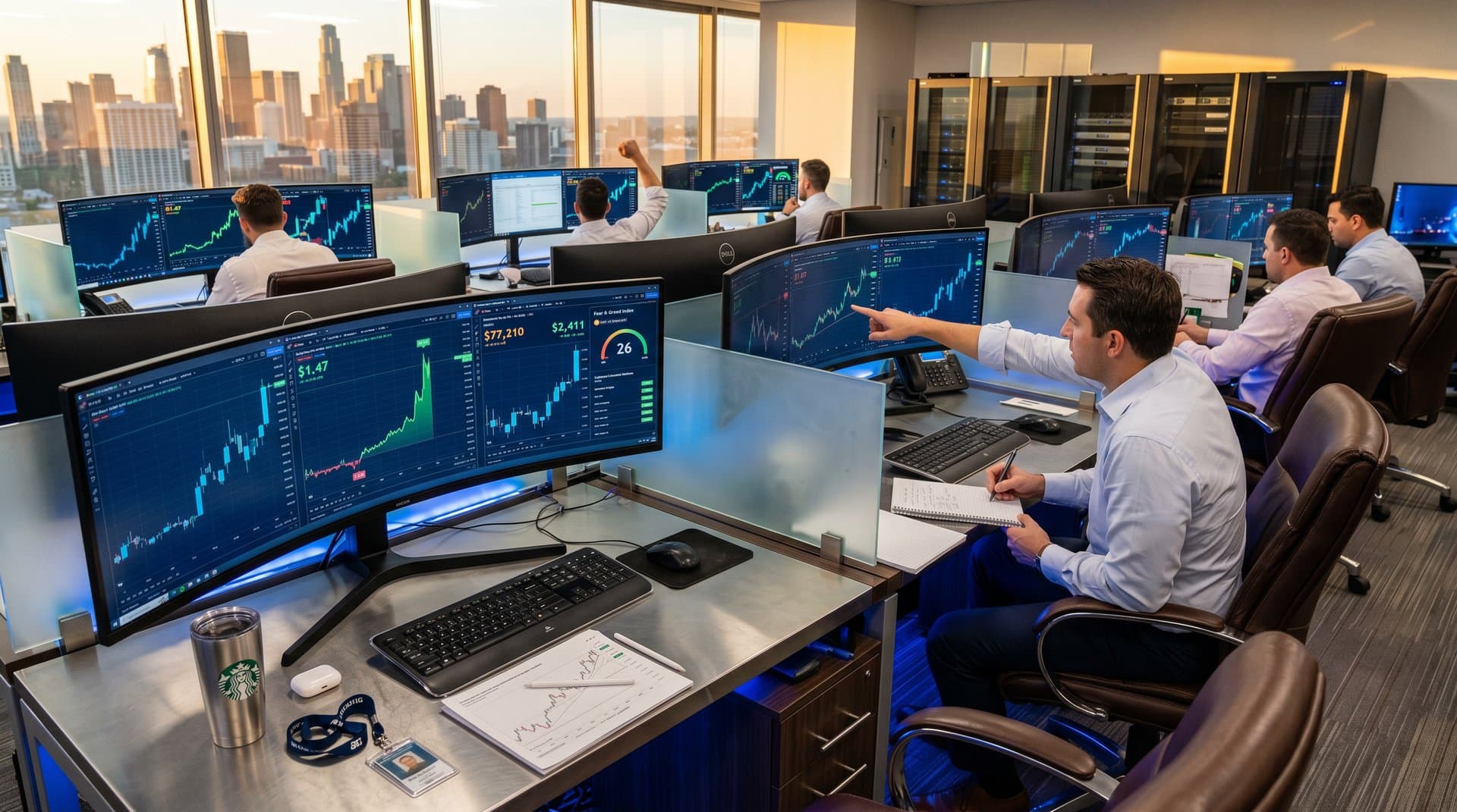 Trading floor monitors display XRP at $1.47 charts amid BTC rally and city skyline