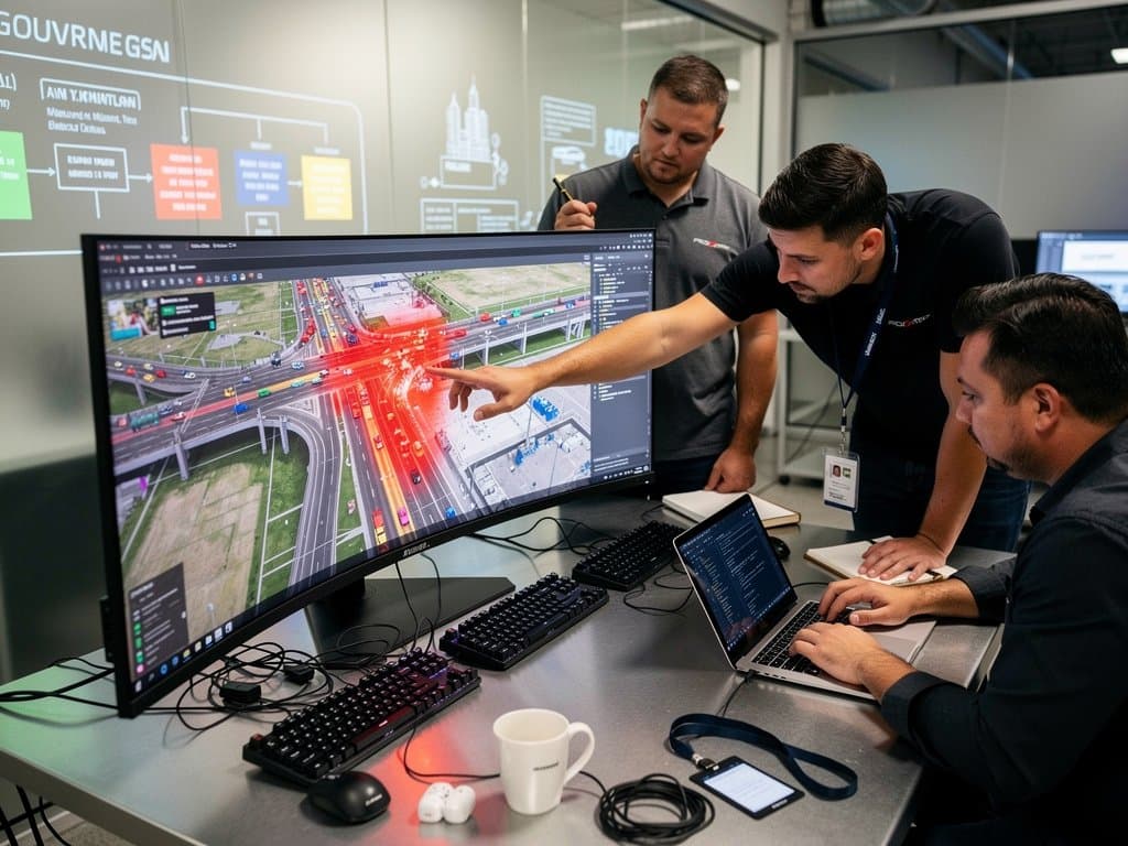 3D urban AI governance simulations on curved OLED screens in modern Permian Basin lab with Dell laptops, server racks, and flowchart projections