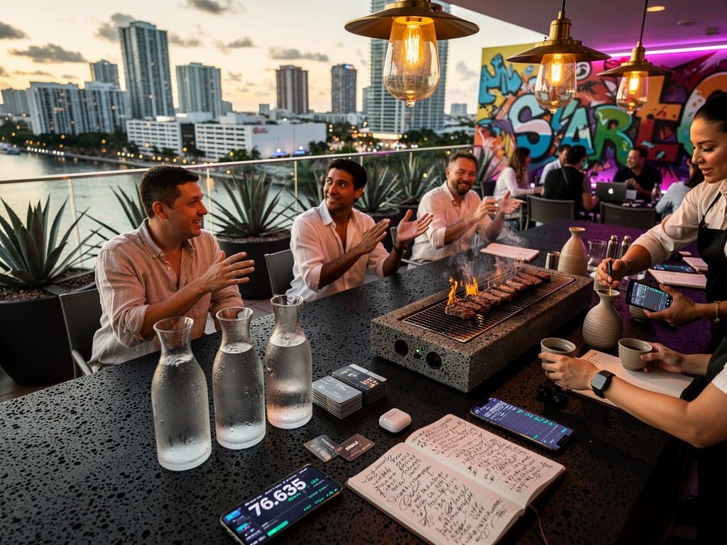 Wynwood rooftop diners enjoy wagyu with BTC $76,635 screens and crypto cards amid Miami skyline