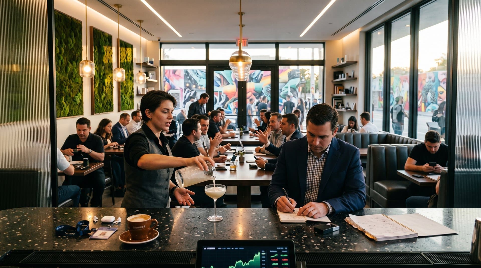 Terrazzo bar in blockchain boutique with Bitcoin $76,377 display, fluted glass partitions, walnut tables, and urban design elements