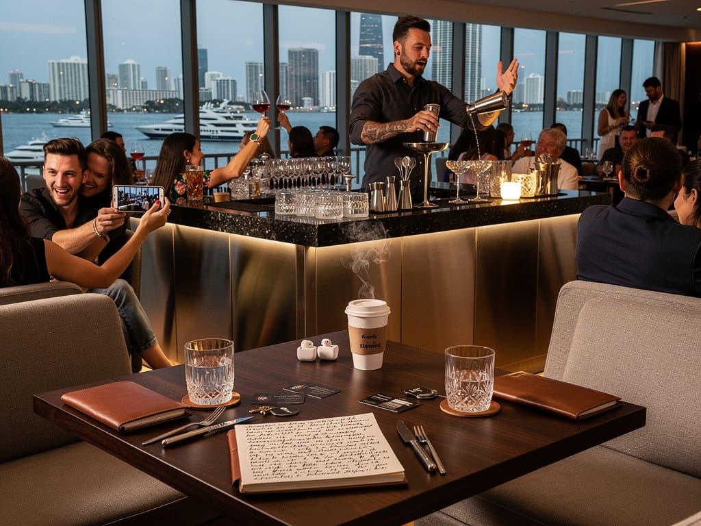 Miami rooftop lounge with crypto charts, skyline, premium bar materials under layered lights