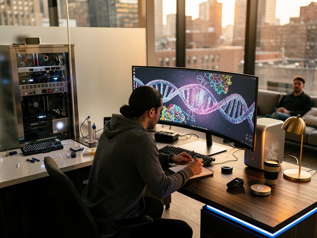 Urban loft biohacking desk with GPT-Rosalind on multi-monitor setup, walnut surfaces, wearables, and skyline view