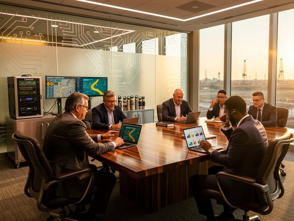 Midland Texas civic conference room with AI smart city dashboards on screens amid Permian Basin urban tech visuals