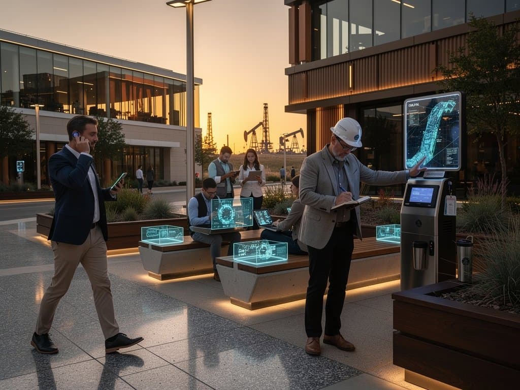 Midland Texas smart city street at dusk with fluted glass sensors, aluminum lamps, and granite benches in AI-enhanced urban design