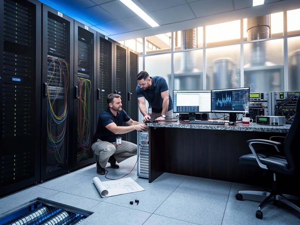 Engineer adjusts server cables in busy Tier IV data center with racks, monitors showing dashboards, and technicians at walnut console under LED lights
