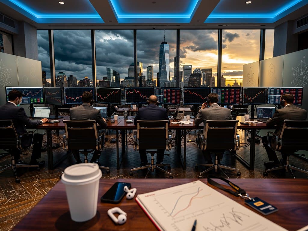 Trading floor screens show BTC at $76K and Fear Index 26 amid walnut desks and skyline