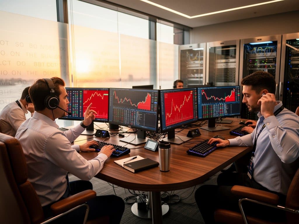 Modern trading floor with walnut desks, multi-monitors showing BTC at $75,788, frosted glass and river views