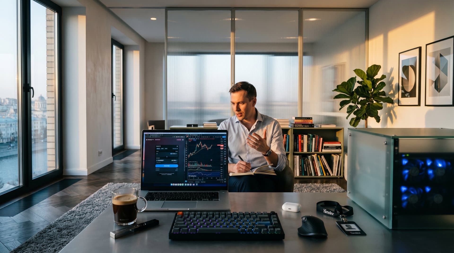 Moscow home office with DeFi screens, hardware wallets, and crypto charts amid urban design elements overlooking cityscape