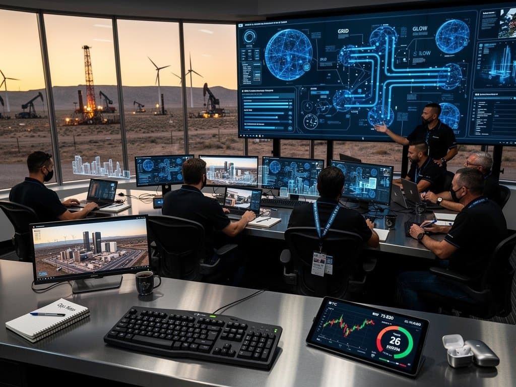 Midland TX control room with AI smart city models and crypto charts amid Permian rigs