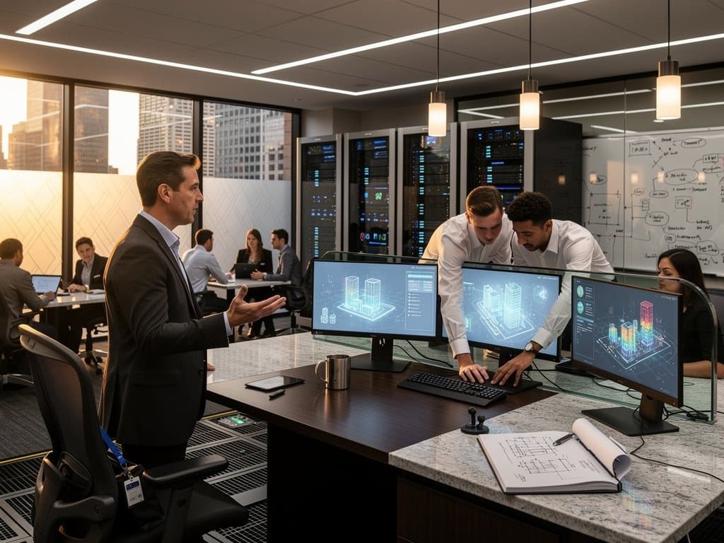 Engineers at JLL tech lab desks analyze AI property models on multi-monitors under LED lights with city skyline view