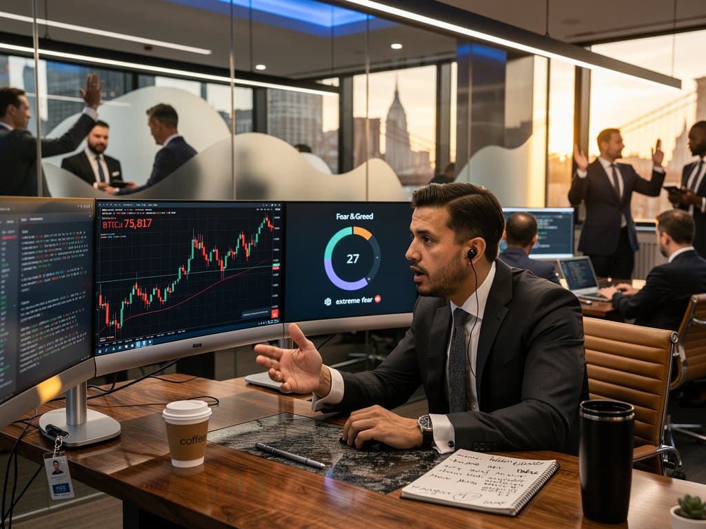 Modern walnut desk with crypto charts on monitors, AI prompts, trading floor elements in precise urban design
