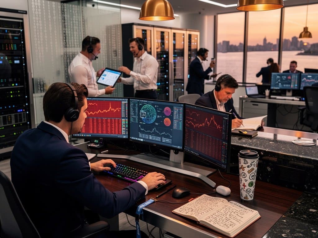 Trader types AI prompts for personal finance on Bloomberg Terminal amid crypto charts on Manhattan trading floor