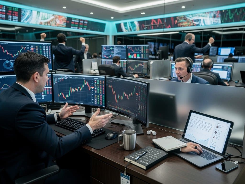 Trading floor desk with monitors showing crypto charts and AI prompts amid market volatility
