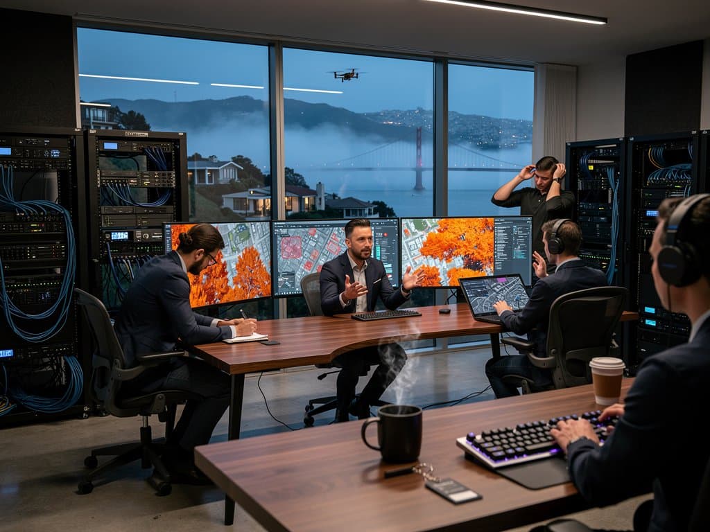AI security monitors display anomaly detections on Pacific Heights streets with thermal overlays in high-tech operations center overlooking Bay Area skyline