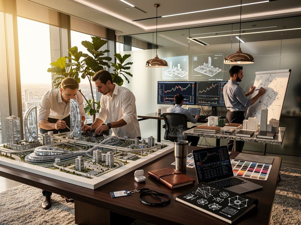 Smart city model in architect studio with blueprints, crypto charts, and design elements under natural light