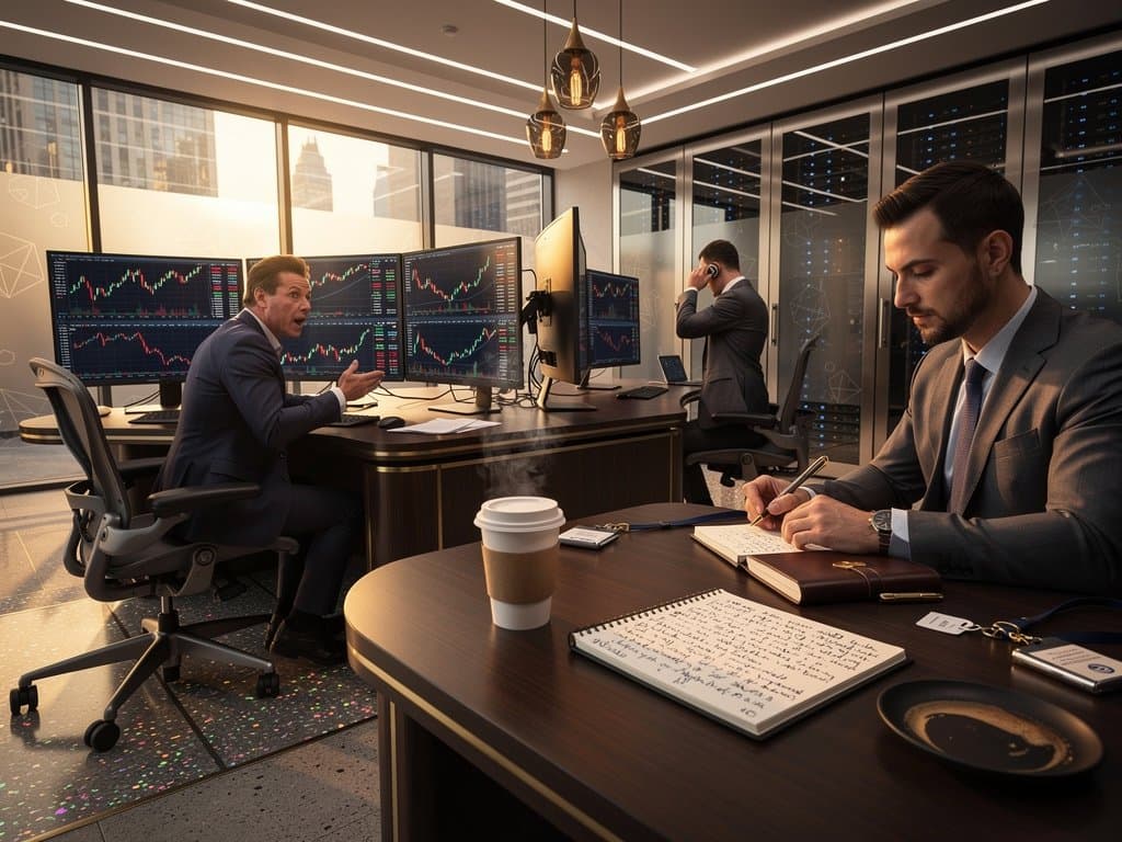 Crypto charts on multi-monitor BDDW walnut desks in Manhattan trading floor with LED lights, frosted glass, and design elements