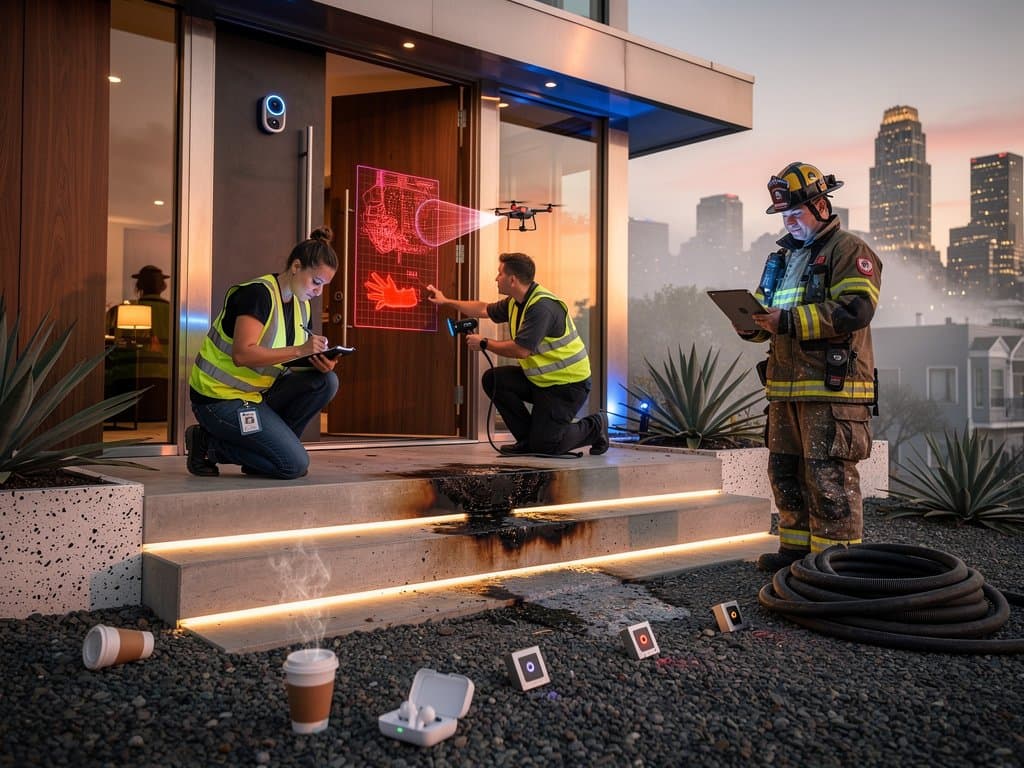 Modern San Francisco home with integrated urban security tech under dramatic night lighting post-arson incident