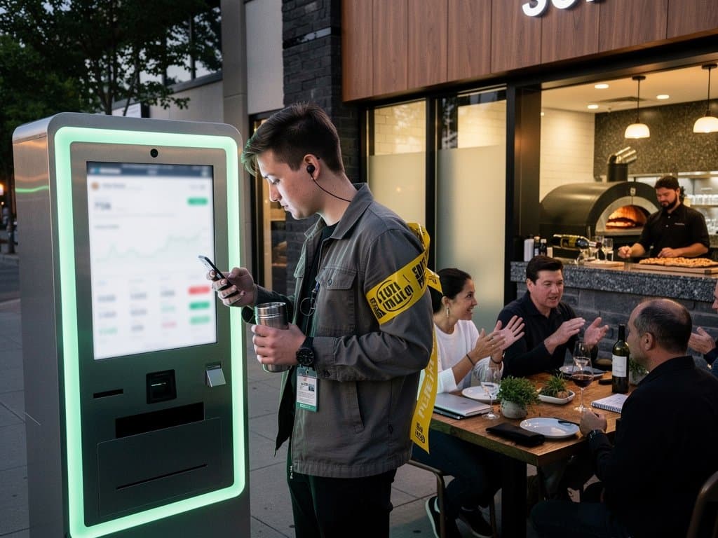 Kennewick Tri-Cities crypto ATM kiosk near food hall with BTC at $75K, Fear & Greed 27, salmon platters, walnut tables under pendants