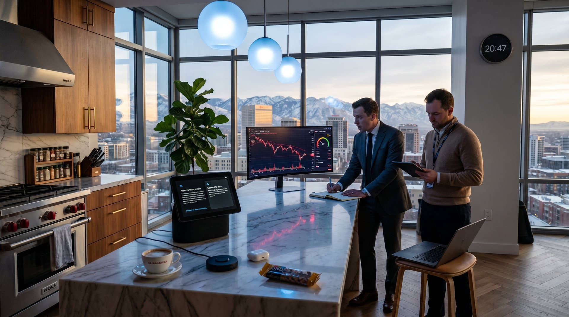 Urban smart home setup with Nest Hub and BTC chart on screen against city skyline