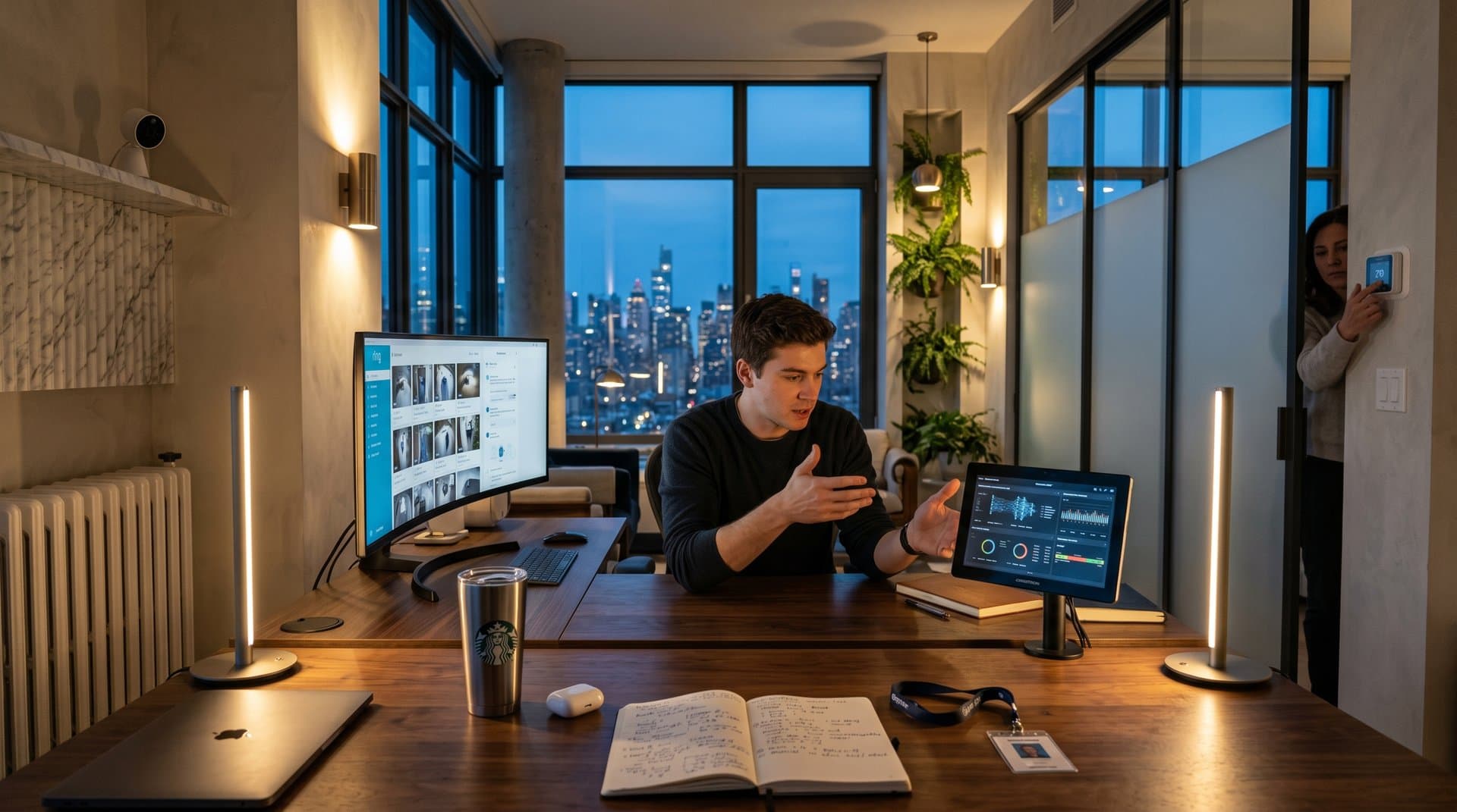 Urban smart home loft with Lutron lights, Nest camera, Crestron panel on walnut desk, city skyline through windows