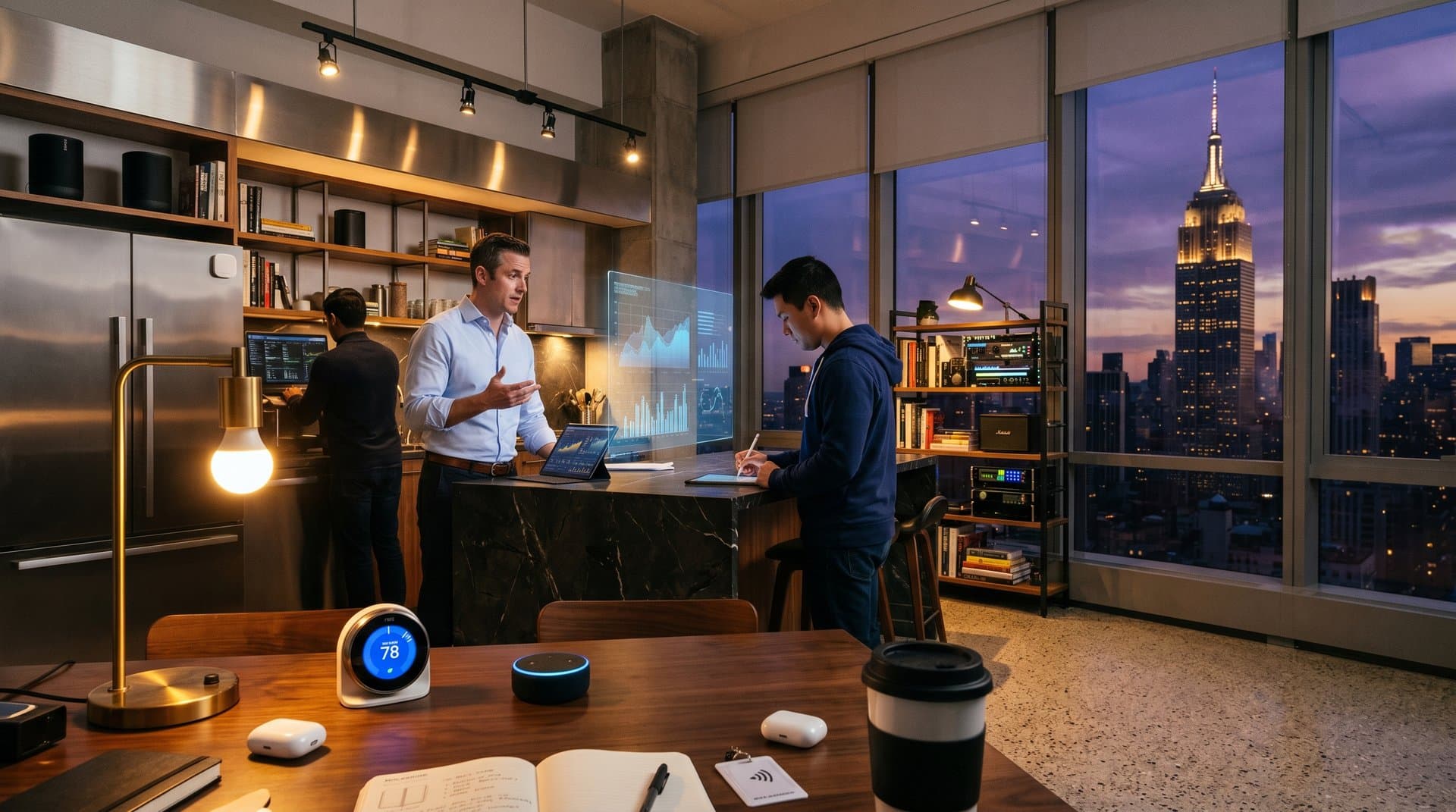 Urban smart home devices including Nest thermostat, Echo Dot, Philips Hue in modern Manhattan loft with AI interfaces and skyline view