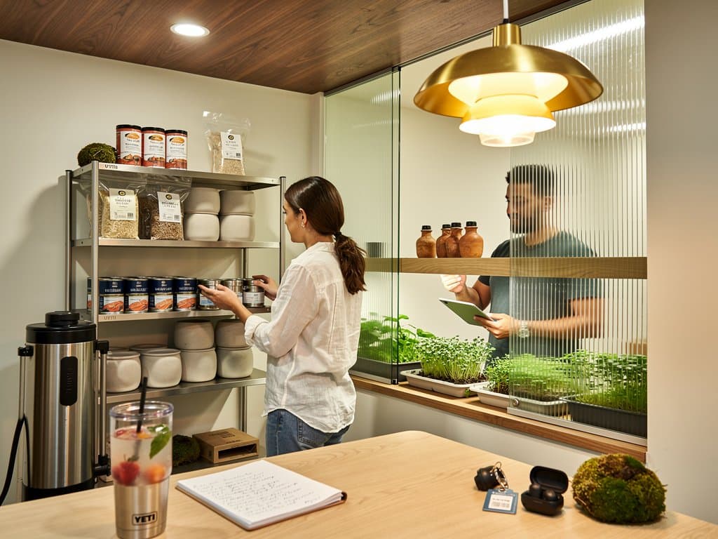 Minimalist urban pantry with Muuto aluminum shelves ($450), Thrive Life foods ($89), Berkey filter ($369) in Scandi Brooklyn loft kitchen