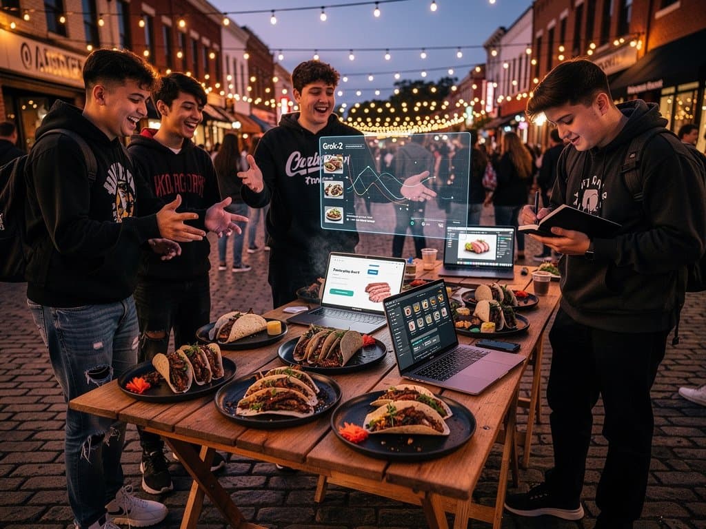 Young creators at Rocky Mount pop-up with AI food menus under string lights amid bikes and shuttles