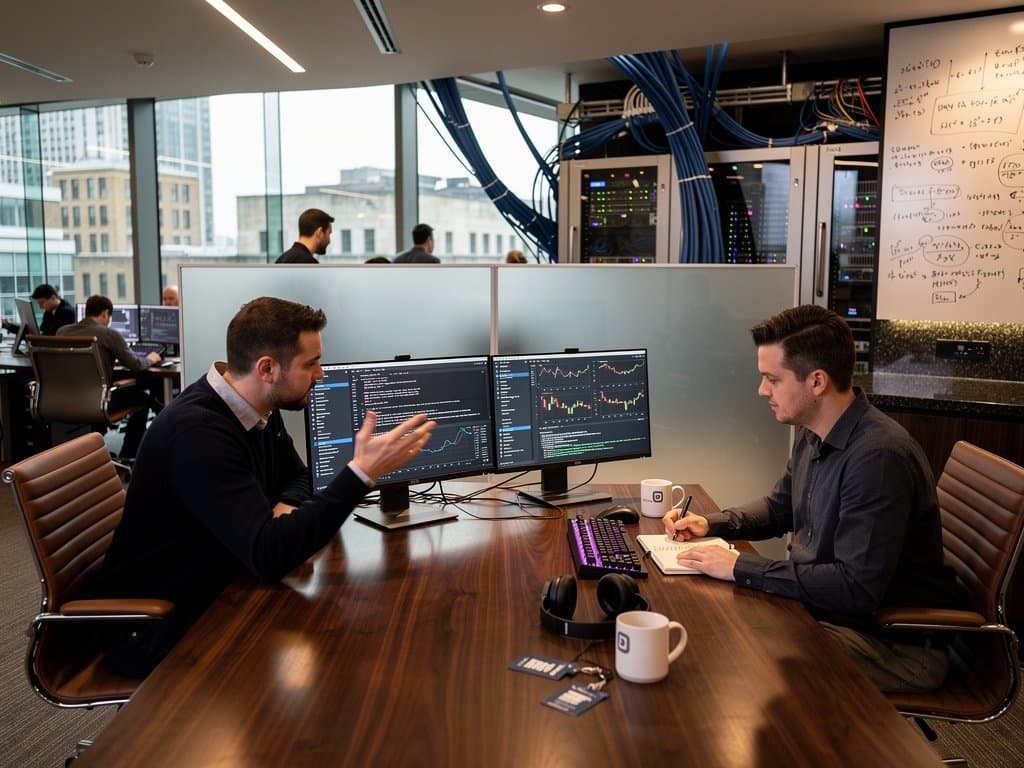 Monitors in Google DeepMind lab display AI chatbot interfaces on productivity and neurodiversity during analysis.