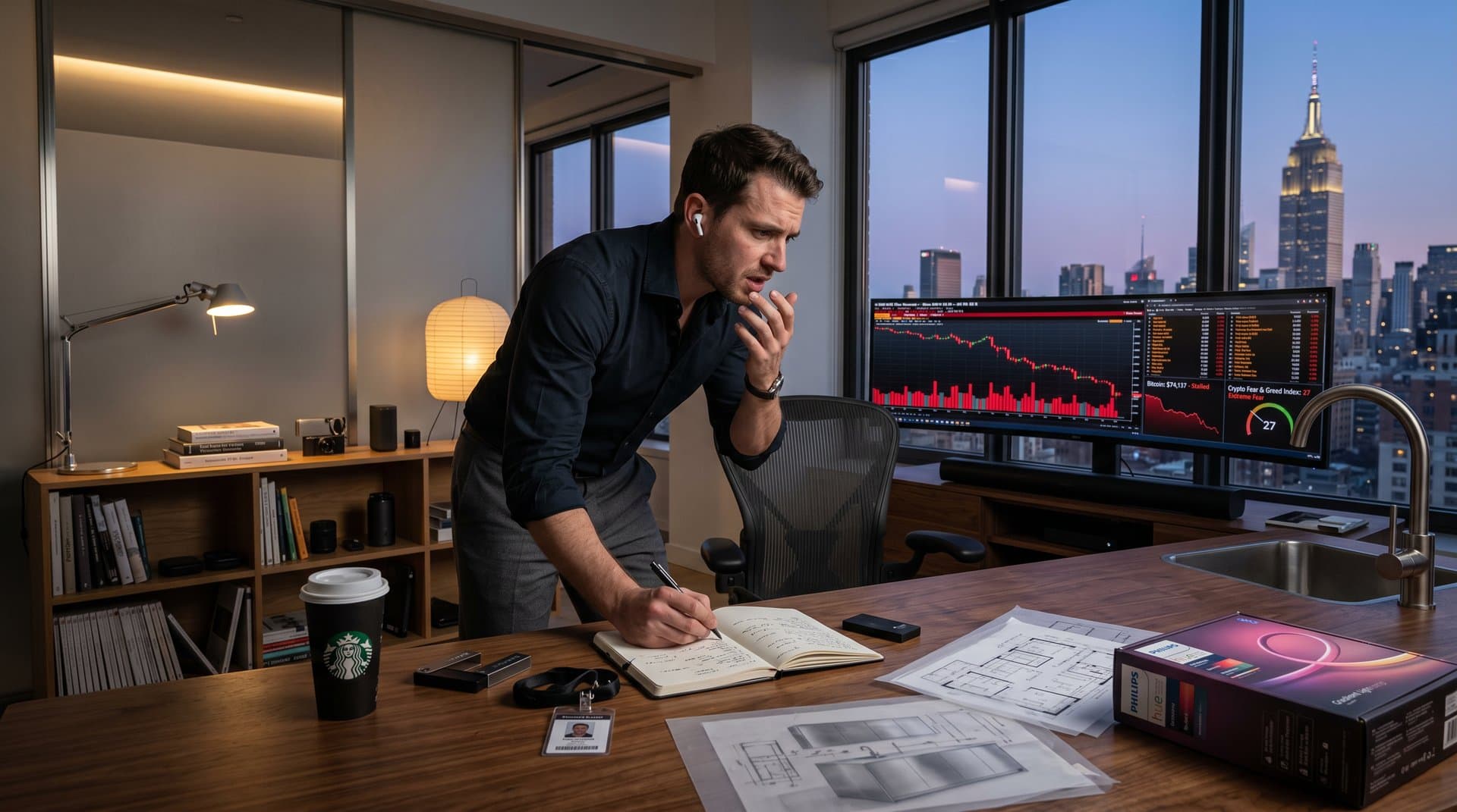 SoHo loft office monitors display FLOW class action crypto losses, BTC at $74K, Fear & Greed 27 amid design sketches and urban trading gear (112 chars)