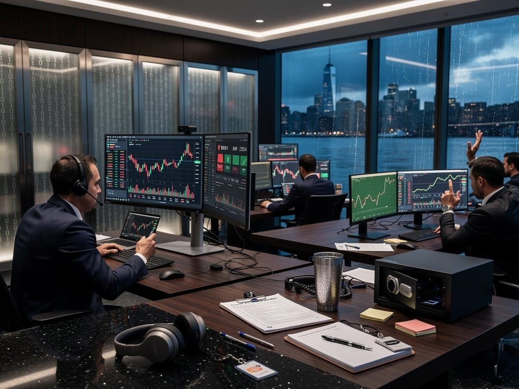 Modern trading floor with walnut desks, crypto charts showing Kelp DAO Hack impacts, red market drops, urban finance tension