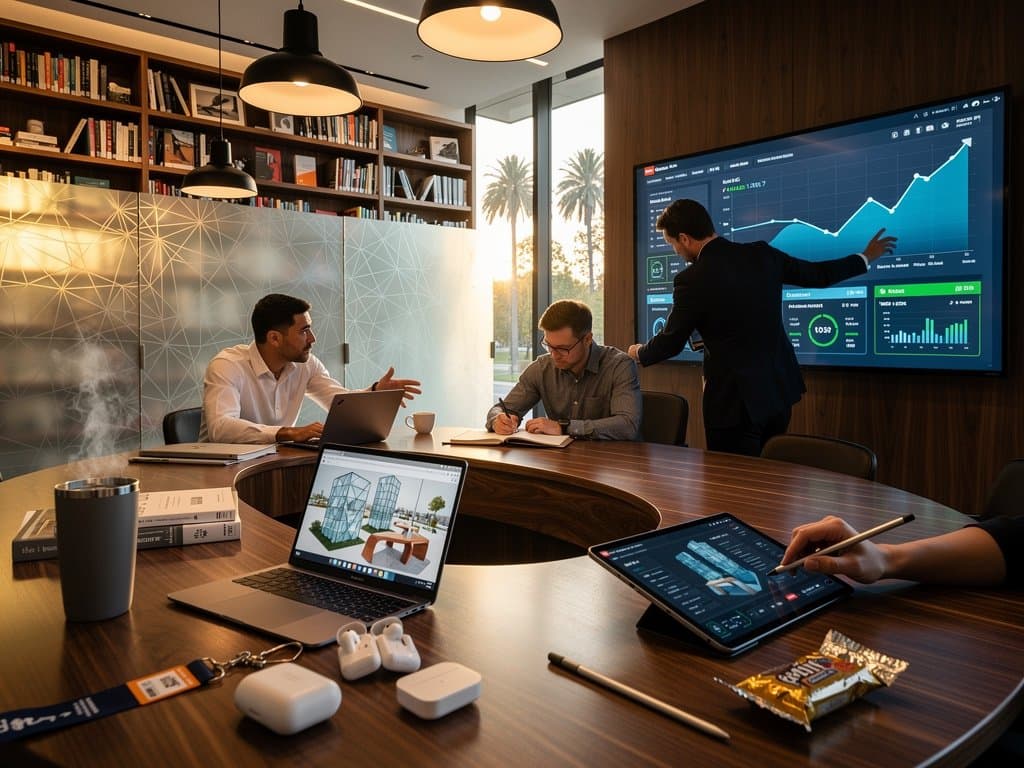 Menlo Park library with AI urban design renders on screens amid oak and glass modern interiors