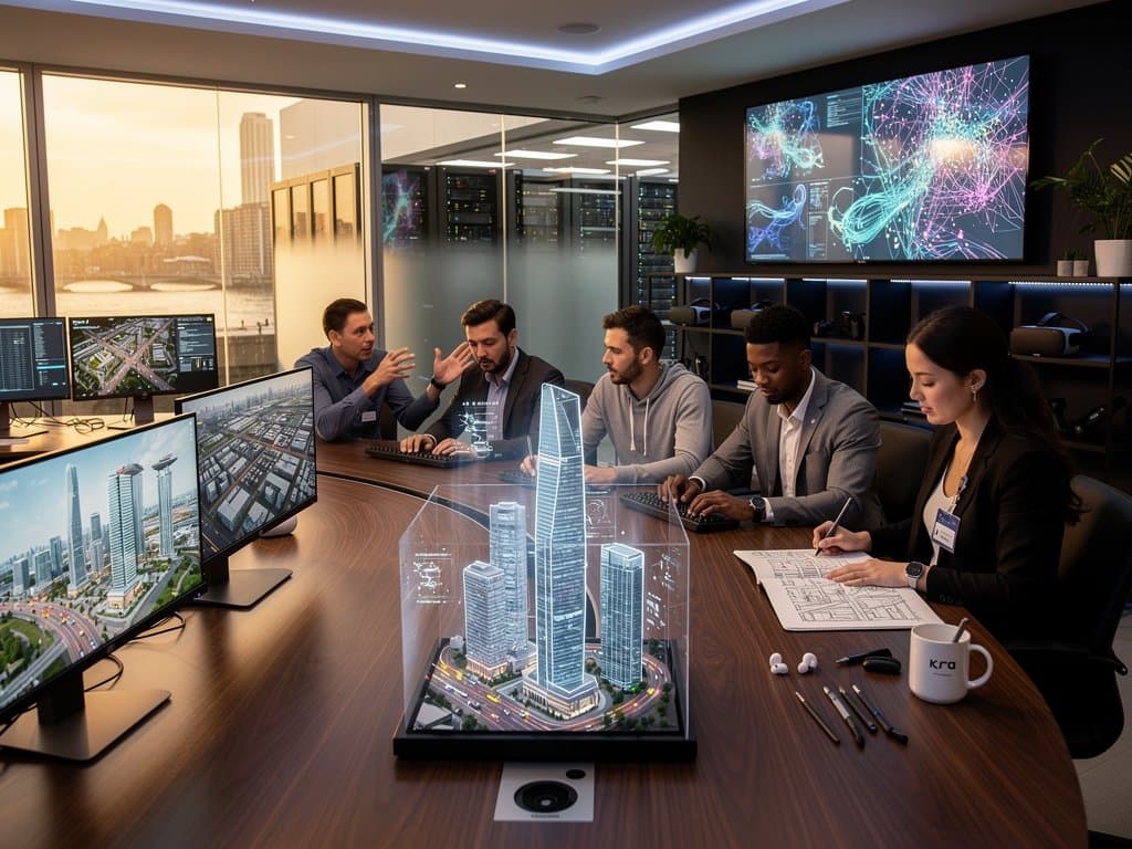 Sleek tech lab with holographic Tokyo skyscrapers, generative design monitors, server racks, and urban AI simulations under LED lights