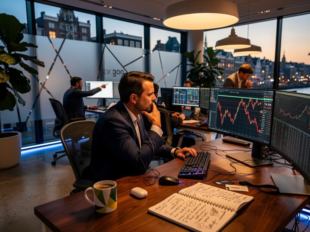 Walnut desks with multi-monitors showing crypto prices at $74K BTC, frosted glass partitions, and city skyline in modern ABN AMRO office