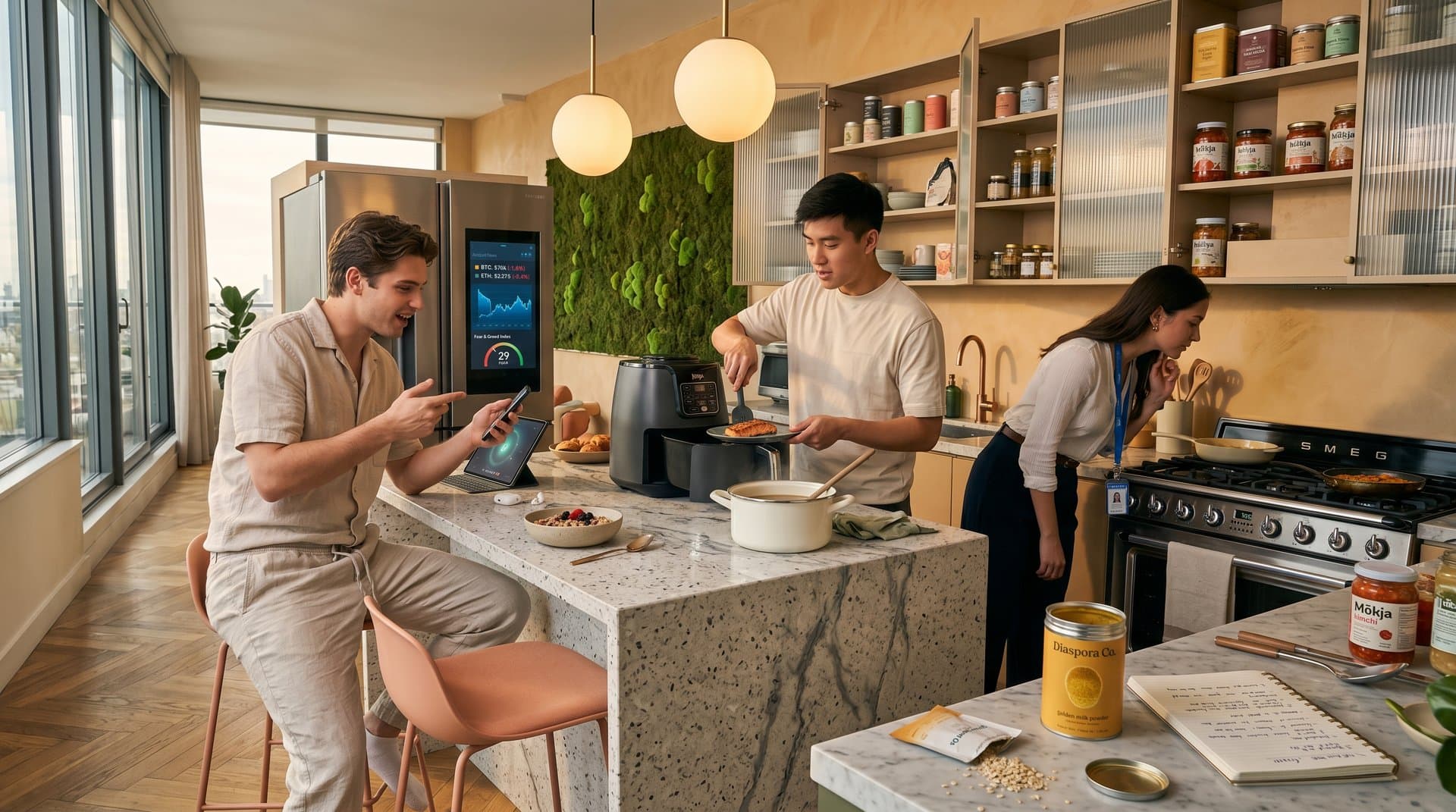 Urban kitchen with AI wellness interface on fridge screen, crypto charts, terrazzo island, biophilic elements amid modern design