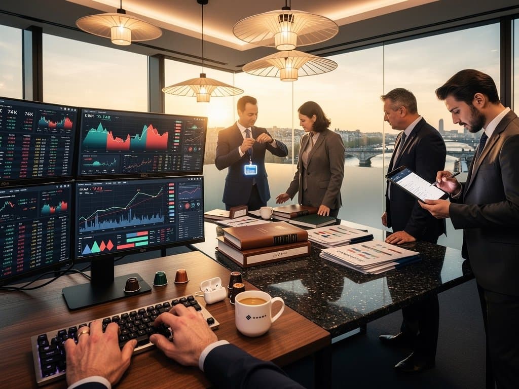 ESMA Paris analysts review MiCA compliance on Bloomberg terminals amid Seine views, frosted glass timelines, and Chainalysis screens