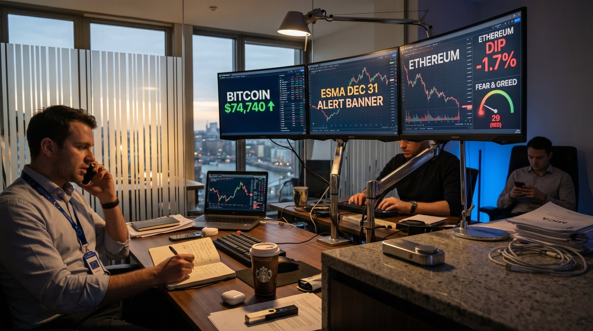 Urban trading nook with MiCA charts on monitors, Ledger wallet on walnut desk, frosted glass and LEDs in high-rise home