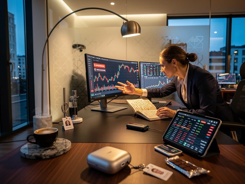 Urban home office desk with Ledger wallet, Flos Arco lamp, monitor showing BTC at $74,722 and MiCA news, city skyline view