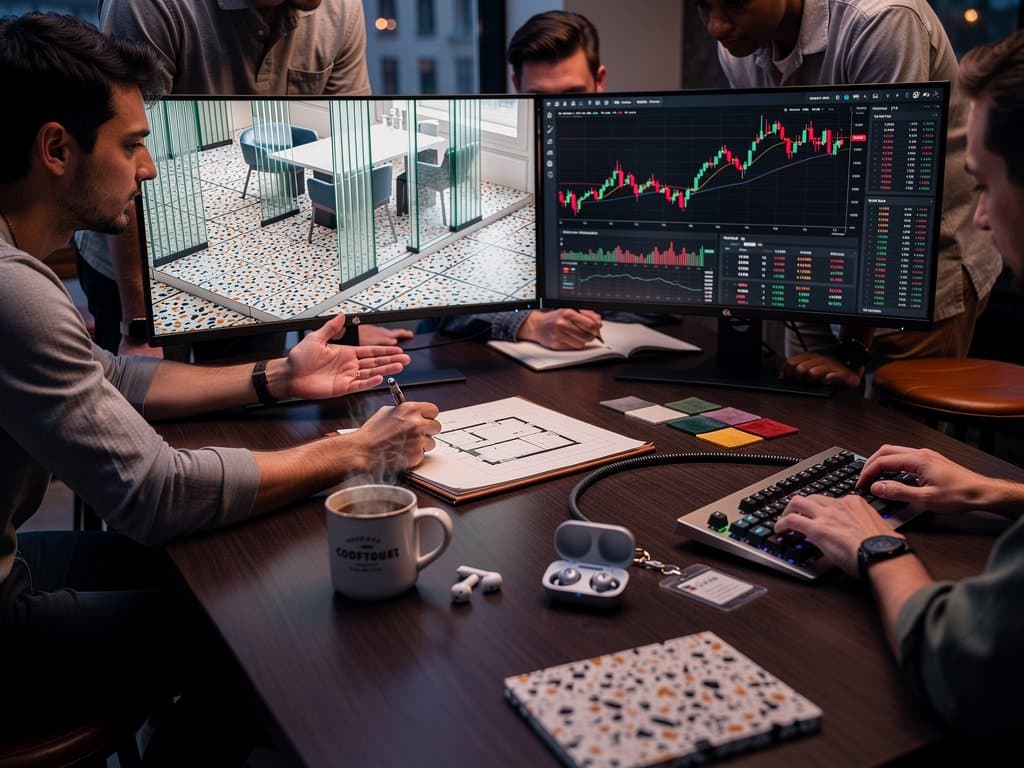 Sleek lab table with monitors showing Claude Opus 4.7 prompts, urban food visuals amid walnut, terrazzo, and glowing server racks