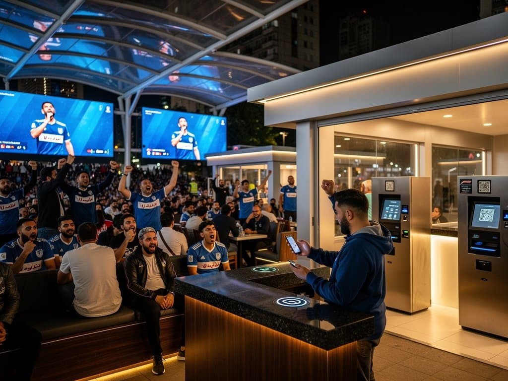 Tehran fan zone with crypto kiosks, modular pavilions, and blockchain payment nodes under LEDs
