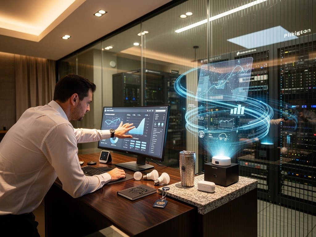Modern walnut console with Nest Thermostat, Hue bulbs, AI dashboard on Dell monitor, fluted glass facade, holographic projector over Dekton granite in urban design studio with data center view