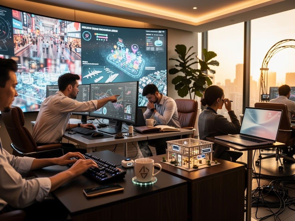 Adobe lab team analyzes agentic AI demos on video wall amid multi-monitor desks and cityscape views