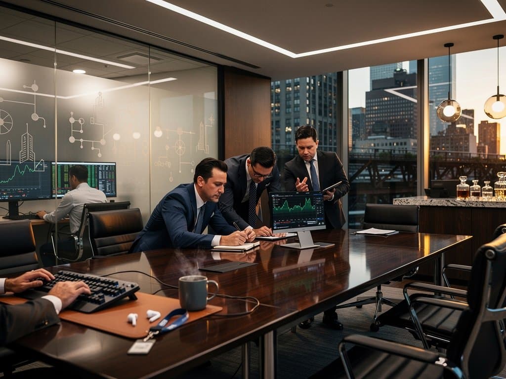 Hudson Yards boardroom featuring AI graphs, crypto tickers, and NYC skyline at dusk