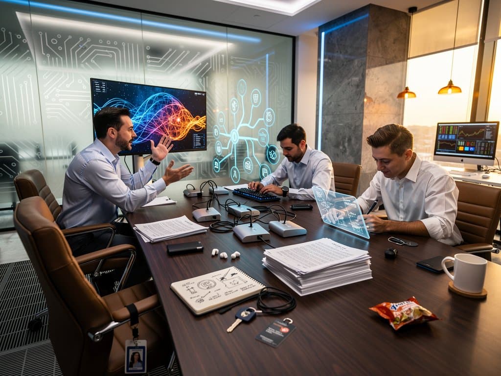 Tech lab table with monitors displaying AI visuals, holographic projections, and crypto charts amid modern design elements