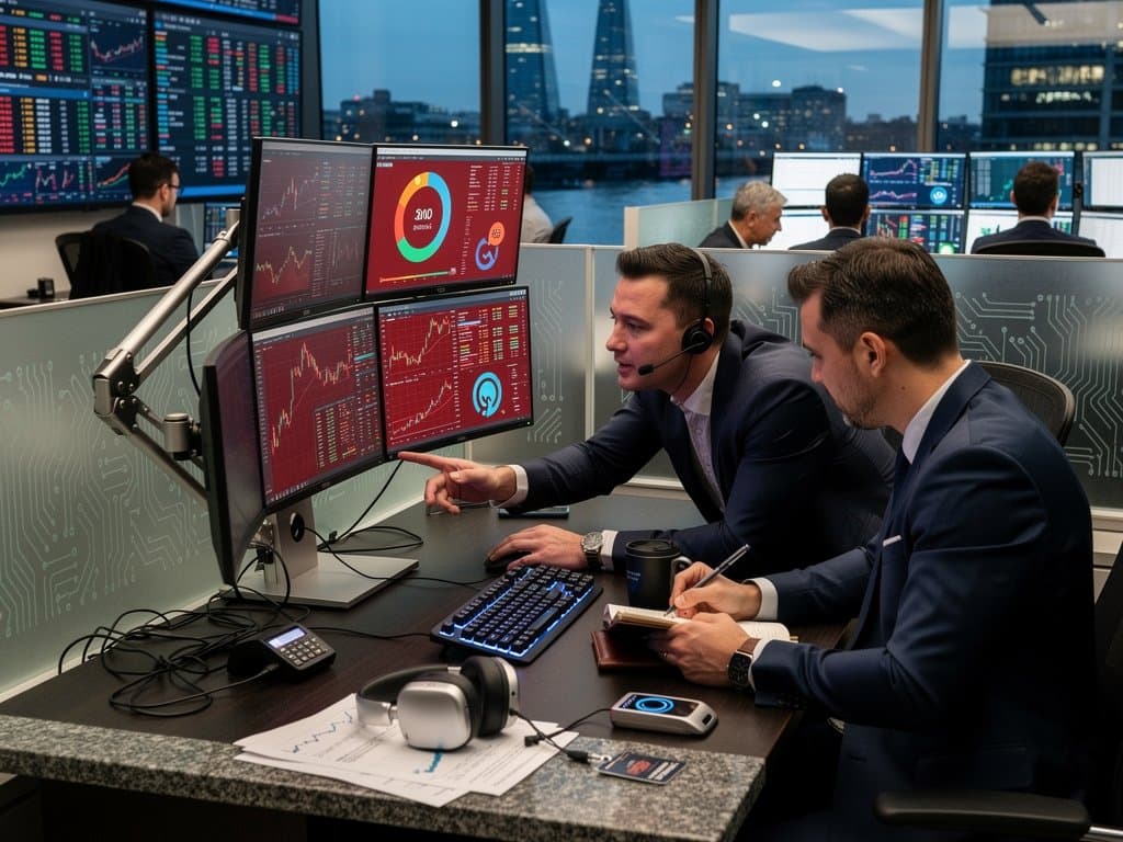 Trading desk with crypto charts, Fear & Greed Index at 29, fintech NFC interfaces on walnut desk amid city nightlife views