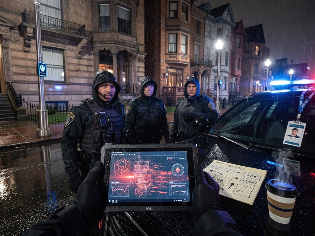 Hartford Park Street at night: glitchy AI police report overlay, smart sensors on brownstones, Fear & Greed Index billboard on wet pavement