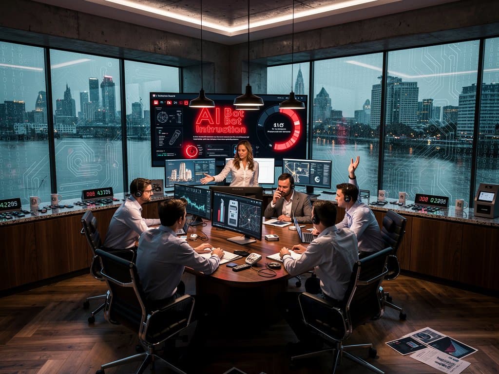 Multi-screen fintech security center displays AI threat maps and crypto charts with urban skyline view