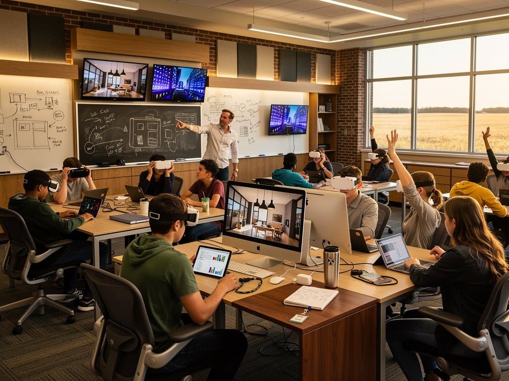 Modern classroom blends rural school with AI urban design sims, smart home mockups, and crypto dashboards on oak desks