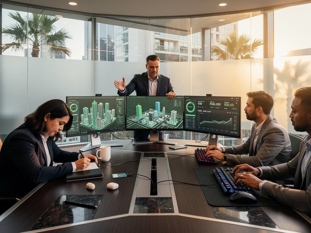 High-tech analytics room with AI property heatmaps, FIGR_HELOC charts, and urban skyline view