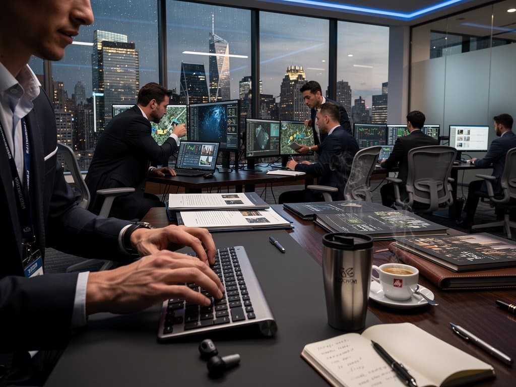 Finance traders analyze AI-driven urban property valuations on multi-screen terminals with city skyline view