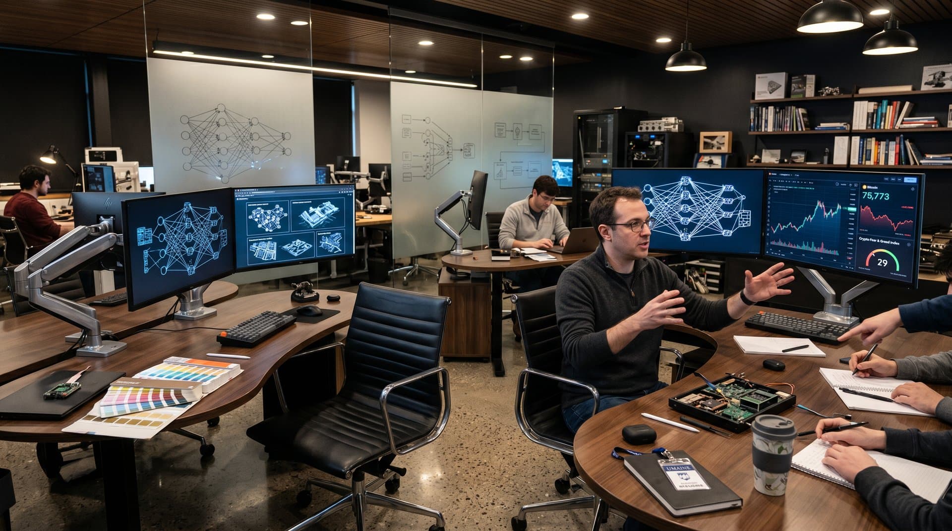 University of Maine AI lab with walnut tables, screens showing urban designs and crypto charts under modern lighting